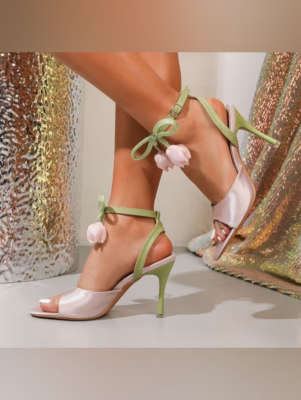 Ethereal Soft Pink & Green Satin Floral Ankle-Tie Open Toe Heels